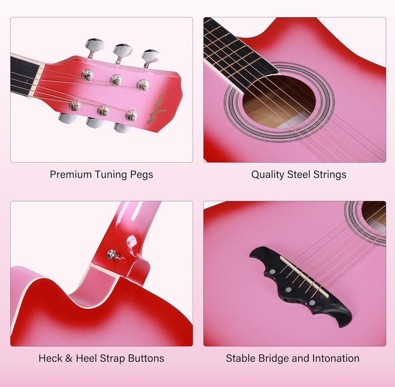 ADM 38" Inch Acoustic Guitar Bundle for Beginners Adults with Online Lesson, Cutaway Wood Acustica Guitarra Starter Set Package with Gig Bag, Strap, Steel Strings, Picks, Capos, Stand, Pink - Image 3